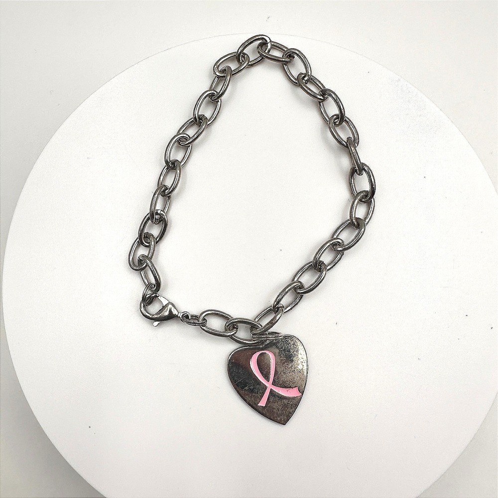 Vintage Y2K Silver Tone Bracelet Breast Cancer Awareness Pink Ribbon Heart Charm